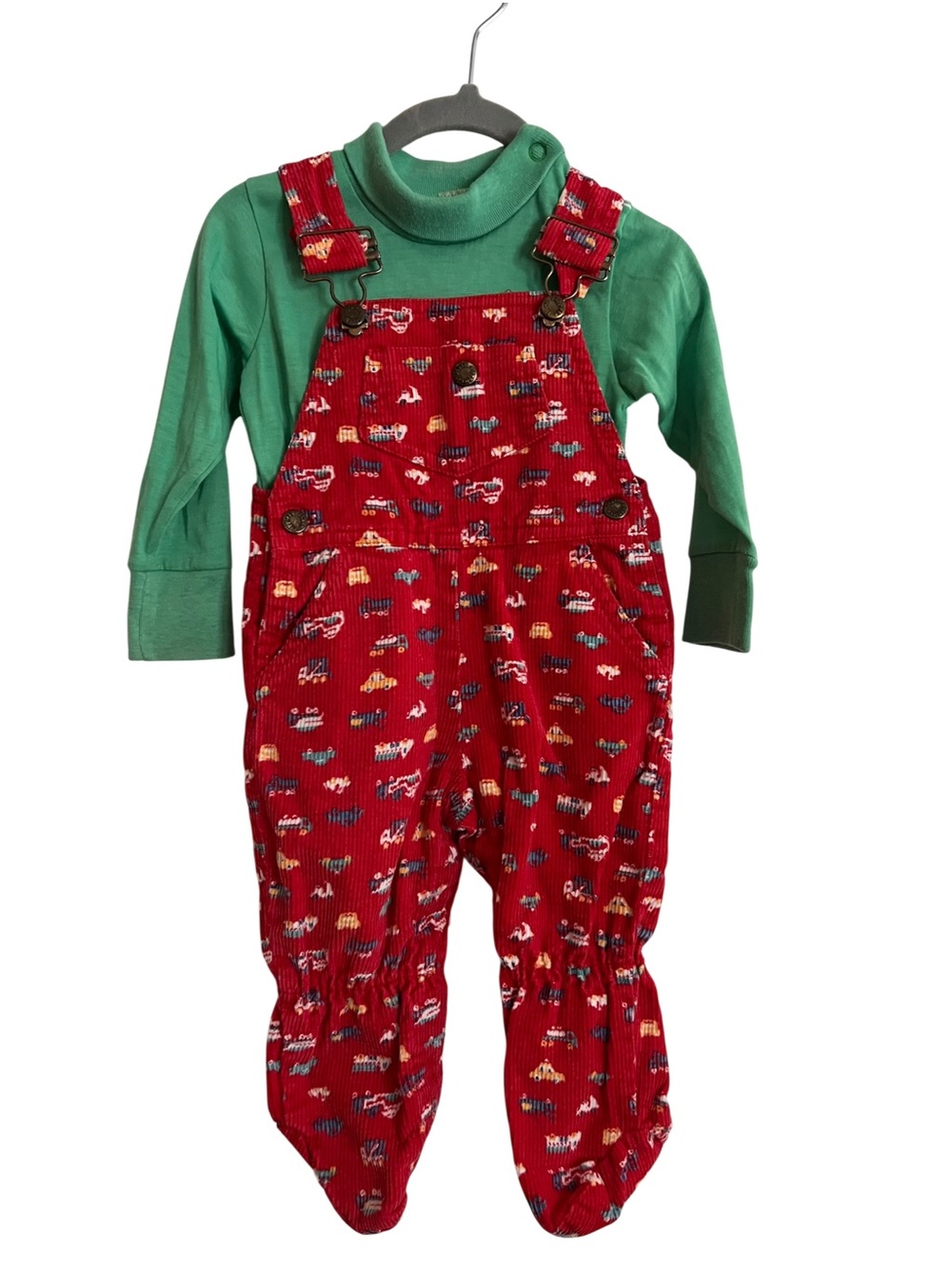Vintage Red Corduroy Footed Overalls with Green Top - Vehicle Print